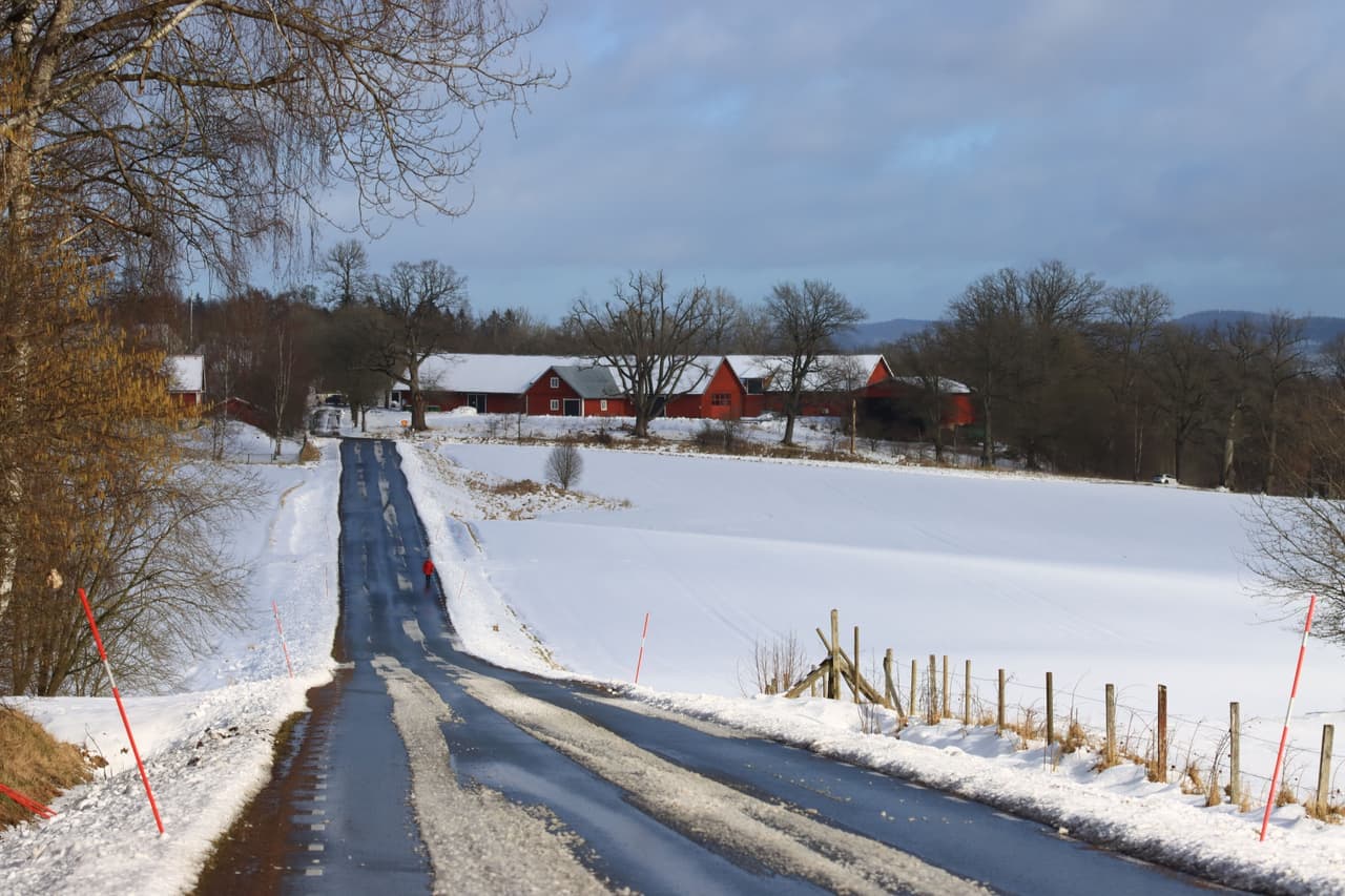 A gravel driveway under a light covering of snow, gravel texture visible through it